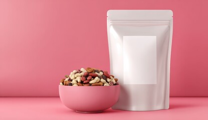 Vibrant photo of a pouch and bowl of nuts on a pink background