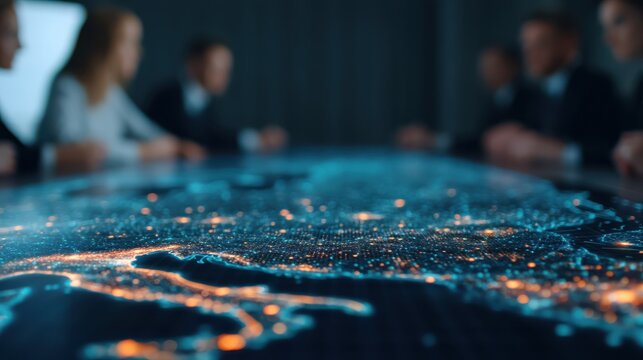 A digital map displayed on a conference table, featuring vibrant city lights and connections, with blurred figures engaged in discussion.