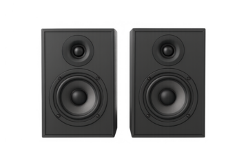 Pair of black audio speakers for home theater or studio setups, delivering clear sound and bass against a transparent background