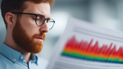 A focused man studies a colorful graph, analyzing data with concentration, showcasing a blend of professionalism and curiosity.