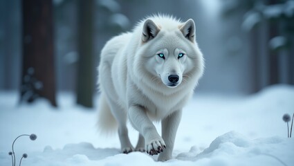 Majestic white wolf with striking blue eyes strolls through a snowy forest, exuding a sense of quiet strength and beauty.