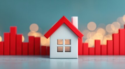 A small model house with a red roof stands in front of a blurred background of red bars and soft lights, representing growth or housing market trends.