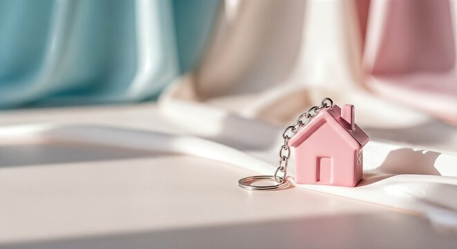 Pink house keychain resting on a soft surface with pastel drapes in the background, symbolizing the joy of moving into a new home and the happiness it brings to families