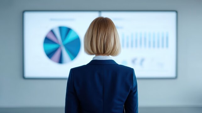 A professional woman observes data visualizations on screens, highlighting insights and trends in a corporate setting.