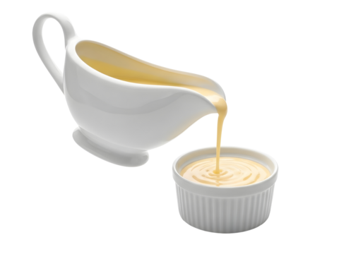 White gravy boat pouring sauce into a ramekin isolated on transparent background