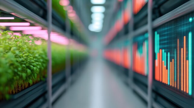 A modern indoor farm featuring vibrant plants and digital data displays, showcasing the integration of technology and agriculture.