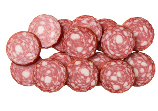Pile of sliced salami isolated on transparent background