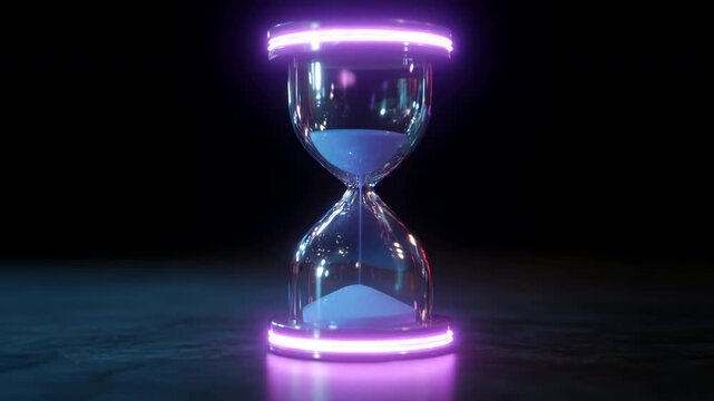 Neon hourglass glass sand timer glowing purple futuristic hourglass timer time concept minimal studio reflection dark background blue light