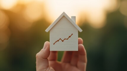 A hand holds a small wooden house model with a rising graph, symbolizing growth in real estate or investment.