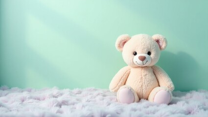 A light beige teddy bear sits happily on a soft, light purple fuzzy rug in front of a mint green wall.