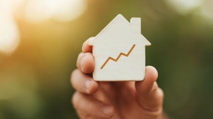A person holds a small wooden house model with a rising graph, symbolizing growth in the real estate market or investment potential.