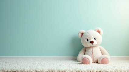 A soft, cream-colored teddy bear sits peacefully on a fluffy white rug in front of a serene mint-green wall, creating a calming and inviting ambiance.