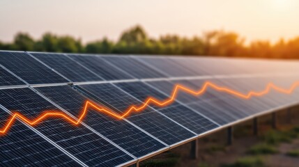 Solar panels with a rising trend line illustrate the growth of renewable energy and sustainable technology in a bright, sunlit environment.