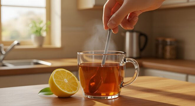 Hand stirring hot steaming tea with fresh lemon on a wooden counter in a bright kitchen