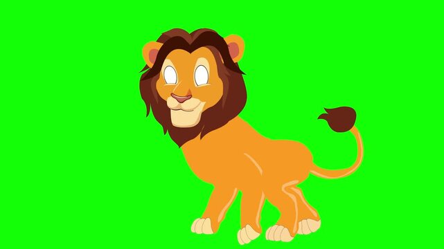 Fully Illustrated Cartoon Lion Character Walking and Smiling Isolated on Green Chroma Key Screen