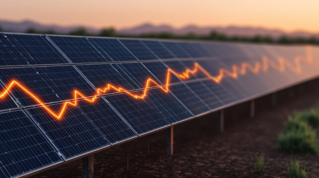 A vibrant solar panel field with a dynamic energy graph overlay, symbolizing renewable energy and innovation in technology.