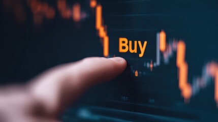 A close-up of a finger pressing a "Buy" button on a digital trading interface, indicating stock market activity.