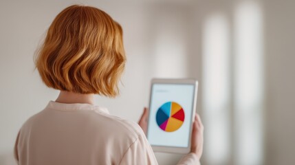 A woman with short, wavy hair holds a tablet displaying a colorful pie chart in a softly lit, modern setting.