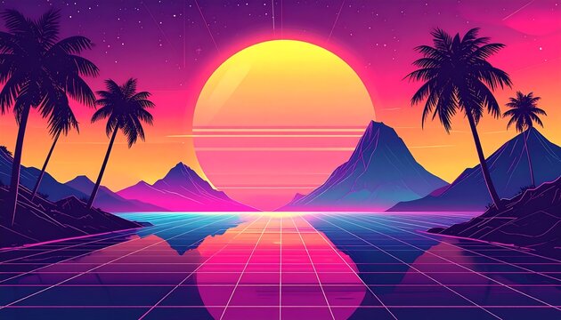 A vibrant, retro-style landscape with palm trees, mountains, and a large sun reflected on a neon grid surface