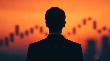 A silhouette of a man in a suit stands against a vibrant sunset, observing upward trends represented by graphs in the background.