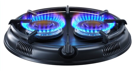 Two gas burners on a circular stovetop, with vibrant blue flames
