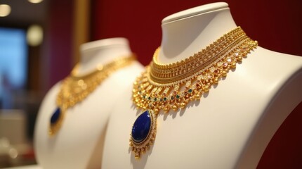 Exquisite gold necklace with blue gemstone on mannequin