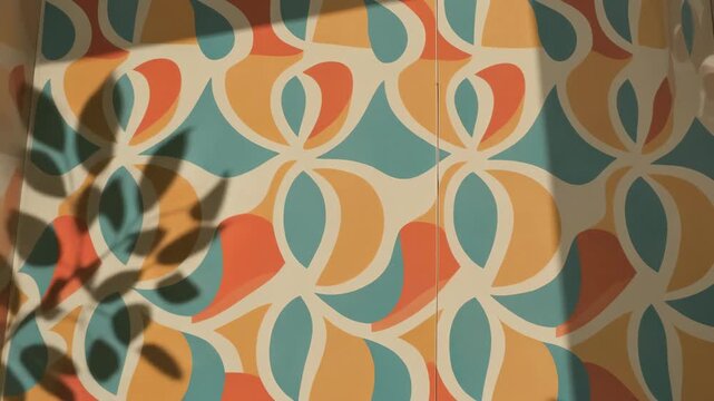 Retro geometric pattern with falling leaf shadows creating a dynamic and stylish abstract background with vibrant colors and organic shapes in daylight