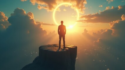 A man stands atop a precipice, overlooking a vast landscape bathed in the warm glow of a golden sunset, with a ring of light surrounding the sun.