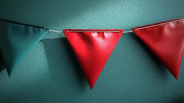 Colorful triangular flags hanging against a teal wall