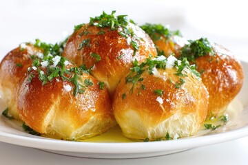 Close-up of several golden-brown, round rolls, topped with fresh parsley and seasonings