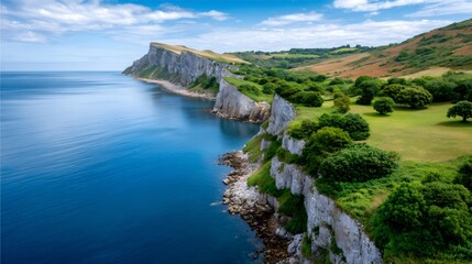 Coastal cliffs meeting deep blue sea under sky