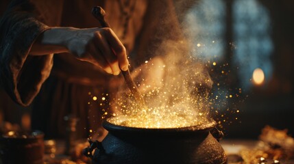 Person Stirring Hot Metal Cauldron with Sparks Burning Brightly in Warm Ambient Light