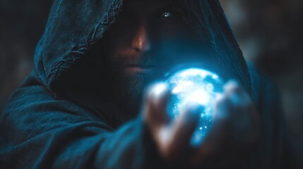 Mysterious Man Wearing Dark Hoodie Creating Glowing Blue Energy Sphere in Night Environment