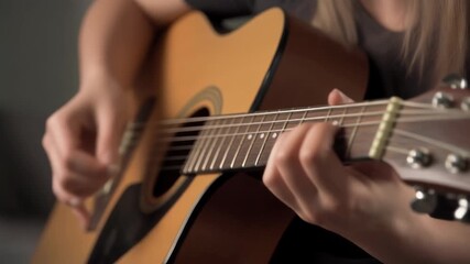Close-up shot of a person's hands playing a light brown acoustic guitar, focusing on the strings and fretboard.