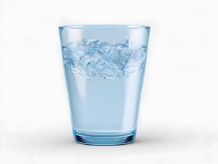 Ice water with soft blue glow in glass cup, white background, and blank space above.