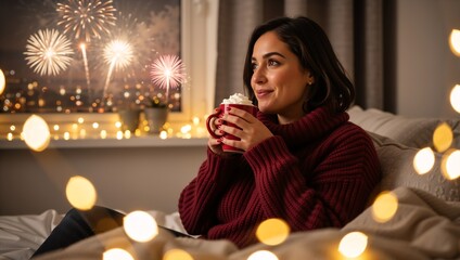 A young woman in a cozy red sweater relaxes with a cup of drink with cream against the backdrop of city lights and fireworks through the window in a warm homely atmosphere. A young woman in a cozy red