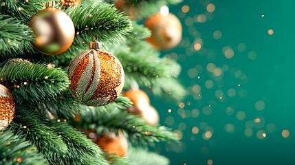 Green Christmas tree with gold colored ornaments against a blurred shimmering light background