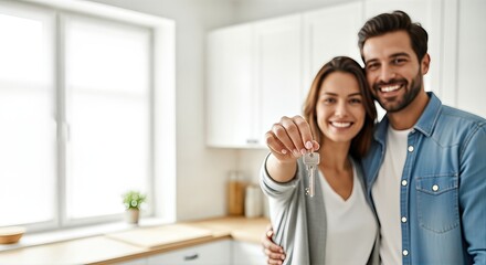Happy couple celebrating new home ownership, holding keys in bright kitchen, showcasing joy and excitement of moving into a new space, symbolizing fresh beginnings and happiness