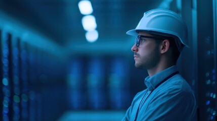 A young professional in a hard hat looks thoughtfully in a dimly lit server room, surrounded by technology and data equipment.