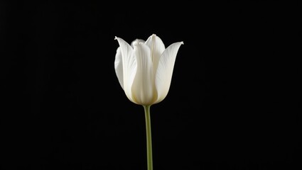 A single, pristine white tulip blossoms against a deep black backdrop, showcasing delicate petals and a simple elegance.