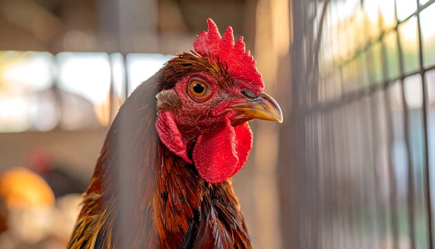 A vibrant rooster's head, detailed with a bright red comb, against a blurred, wire-fenced background