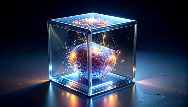 “Quantum Apple in a Glass Cube – Sci-Fi Tech Concept with Glowing Particles and Neural Network Energy
