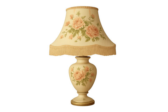 Vintage table lamp with floral rose pattern and fringed lampshade providing elegant home decoration