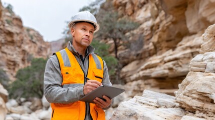 Geologist making notes on digital tablet in canyon