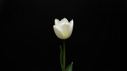 A single, pristine white tulip stands out against a stark black backdrop, showcasing its delicate beauty and elegant form.