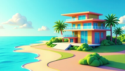 A vibrant, colorful beach house stands on a sandy shore, bathed in sunlight and surrounded by tropical plants.
