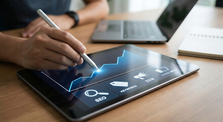 Modern digital marketing strategy is visualized through data analysis on a tablet, revealing business growth, with SEO, SEM, keywords, and social media insights for success