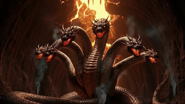 Mythical multi headed hydra serpent in a dark fiery cave with smoke and glowing lava