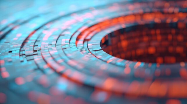 A vibrant abstract design featuring concentric circular patterns in shades of blue and orange, creating a dynamic visual effect.