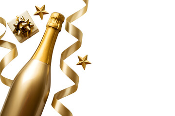 Golden champagne bottle with ribbons and stars isolated on transparent background